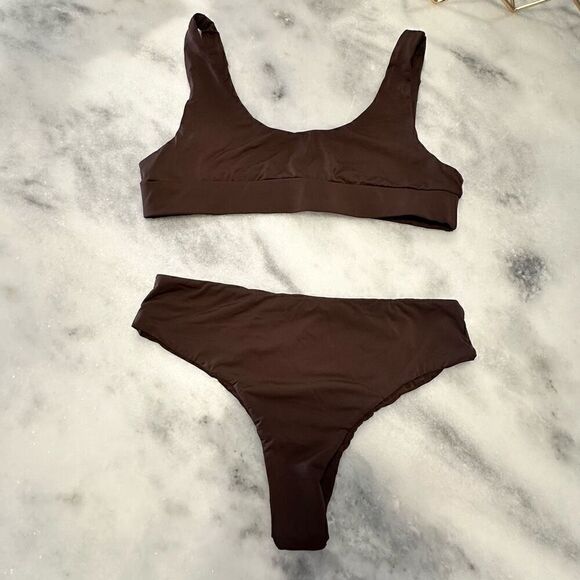 AVA Swim Scoop Neck Sporty 2 Piece Bikini Swimsuit Set Brown Large - Picture 2 of 2